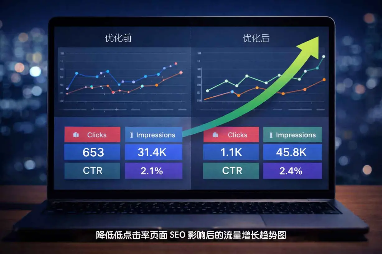 降低低点击率页面 SEO 影响后的流量增长趋势图