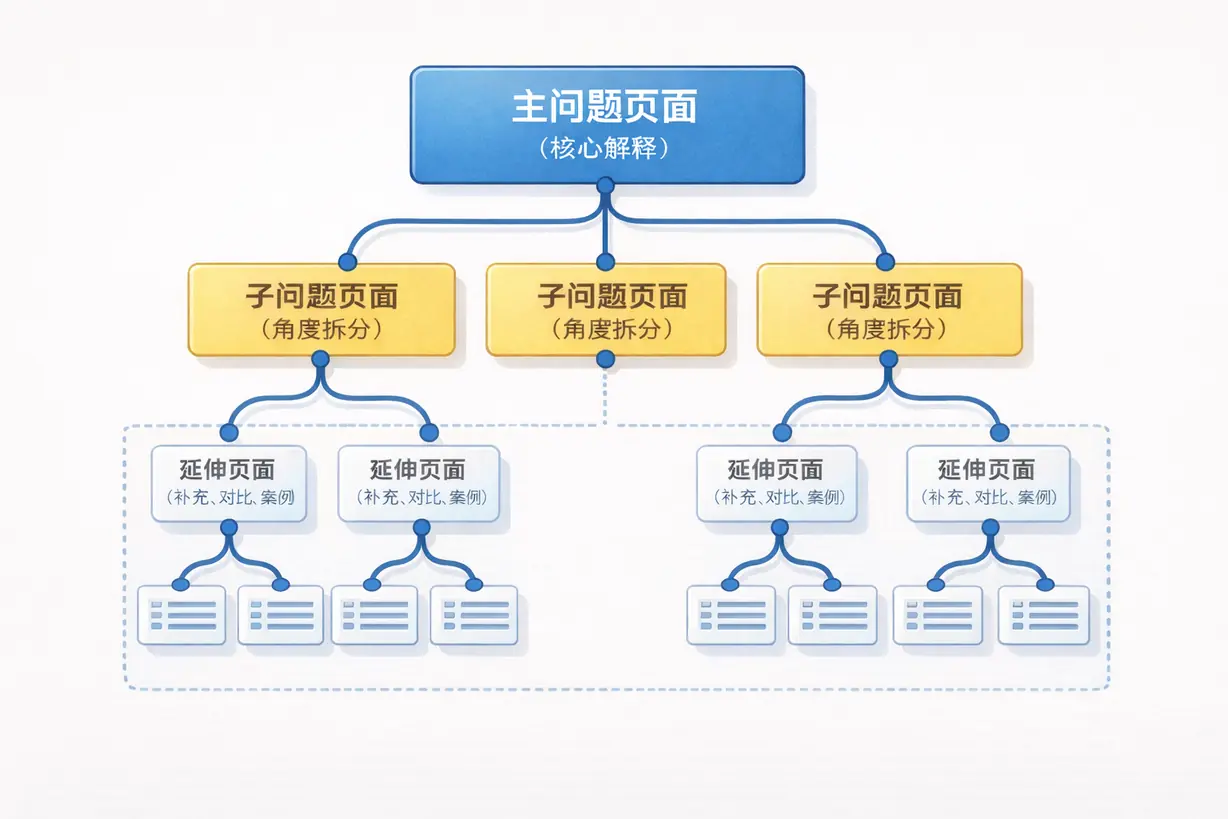 SEO 页面关系结构示意图：主问题页面、子问题页面与延伸页面的层级关系