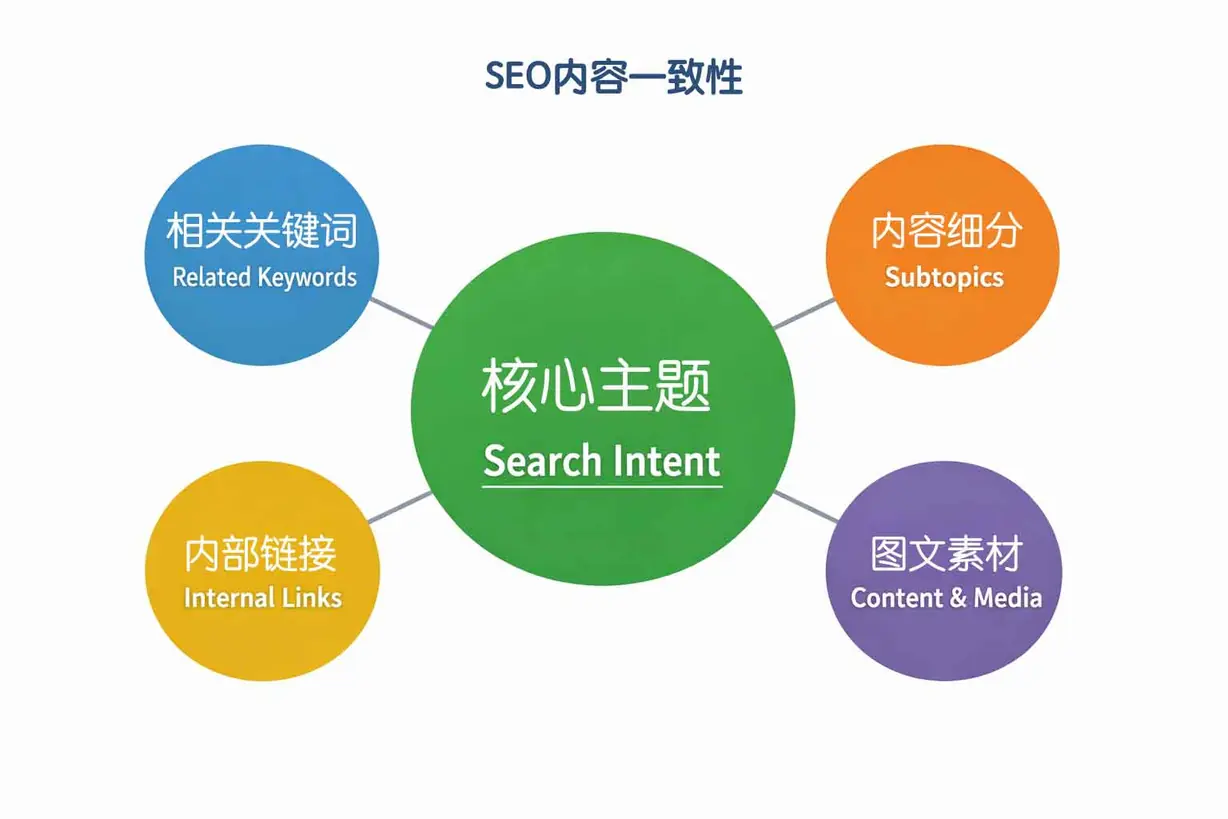 SEO内容一致性结构示意图,核心主题与垂直子主题关系