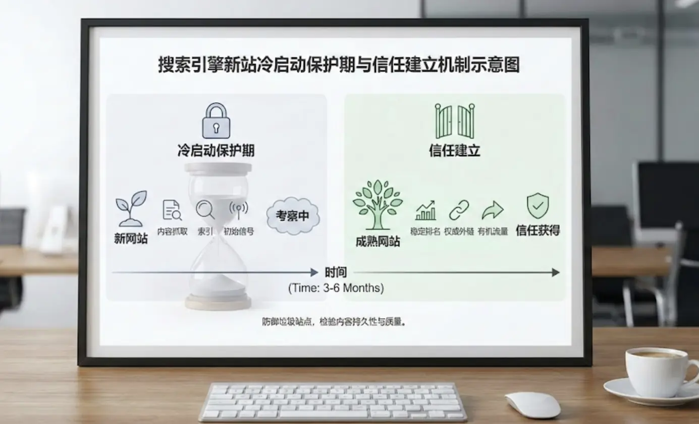 搜索引擎新站冷启动保护期与信任建立机制示意图