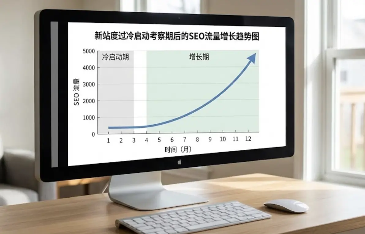 新站度过冷启动考察期后的SEO流量增长趋势图