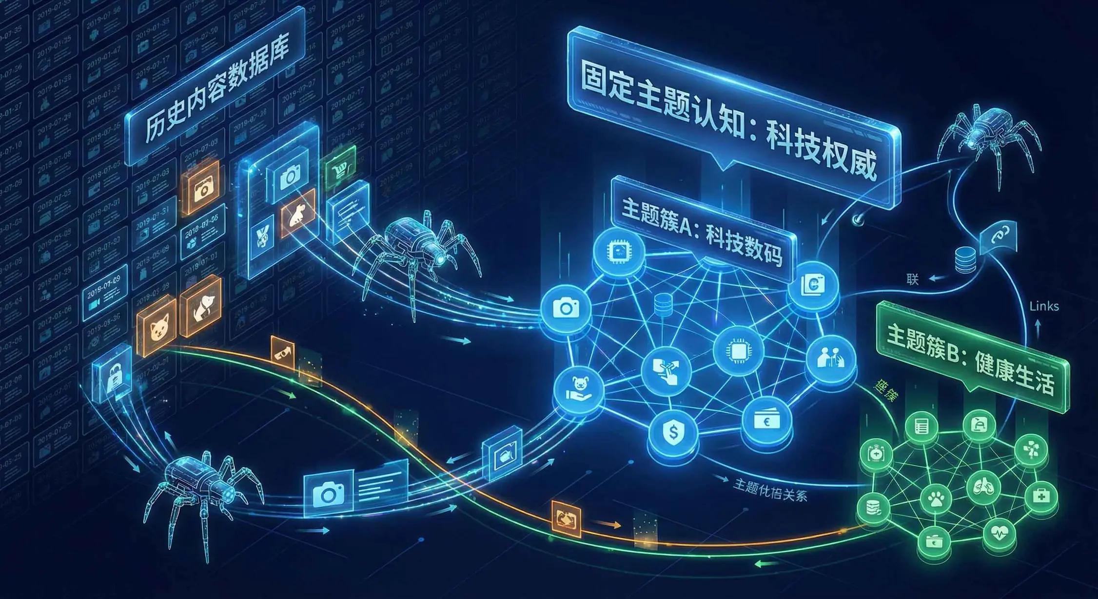 搜索引擎根据历史抓取数据构建网站主题簇的示意图
