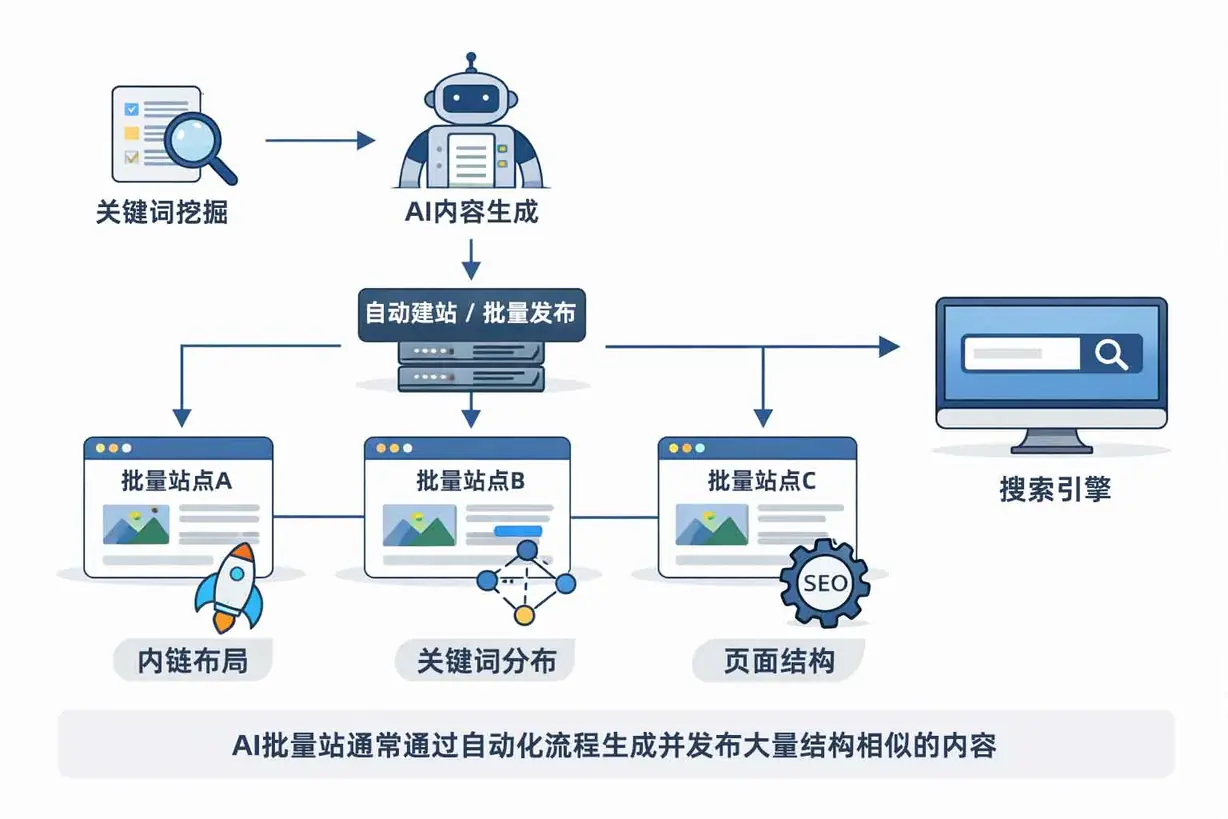 AI批量站点内容生成与发布流程结构示意图