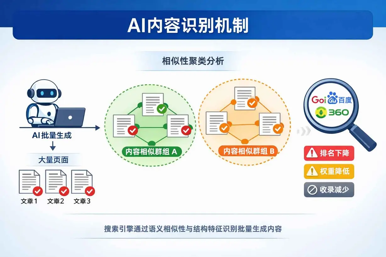 搜索引擎识别AI批量内容与相似性聚类机制示意图