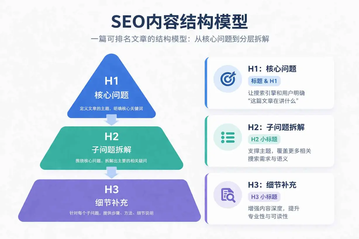 SEO文章结构层级示意图 H1 H2 H3内容模型