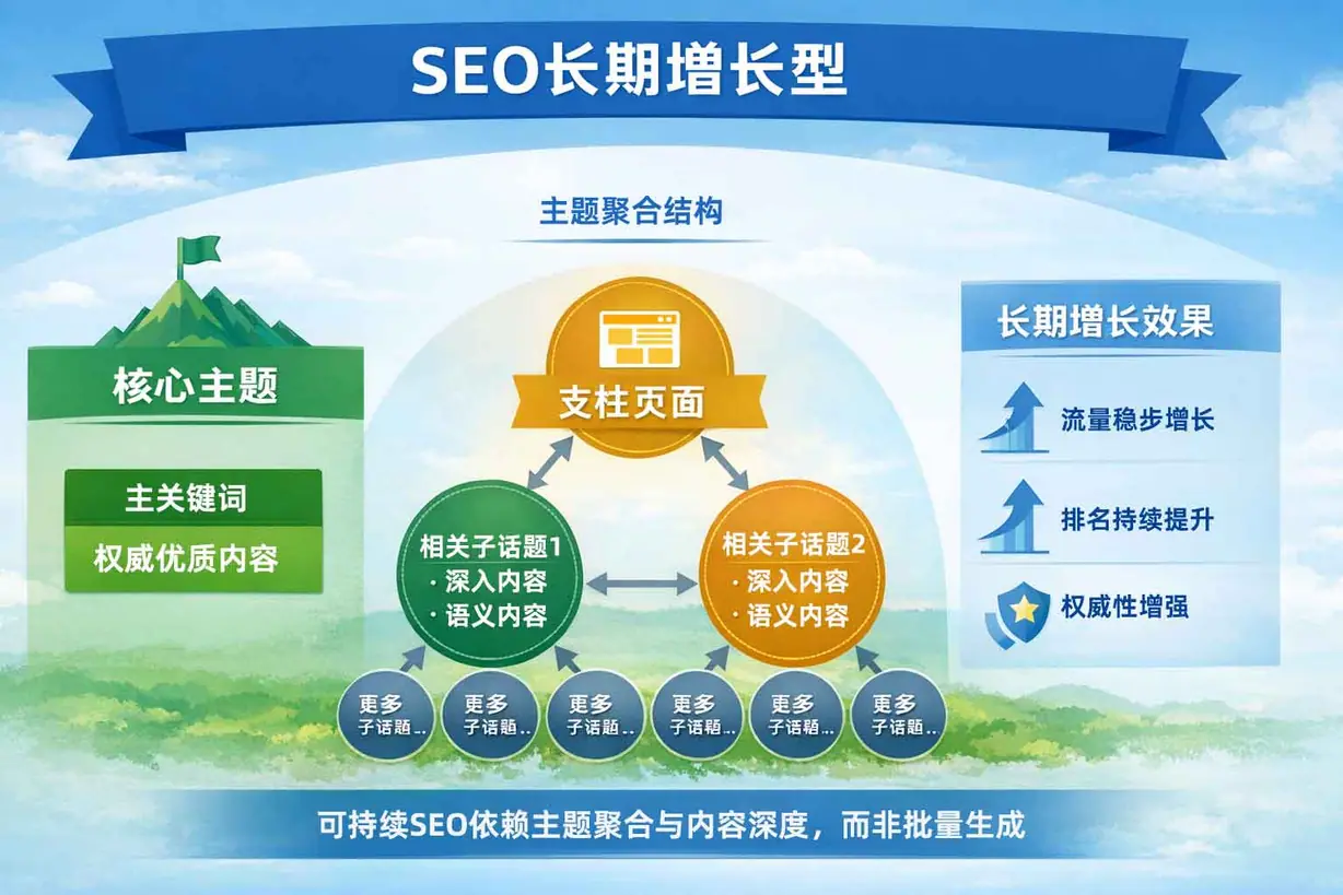 SEO长期增长路径与主题聚合结构示意图