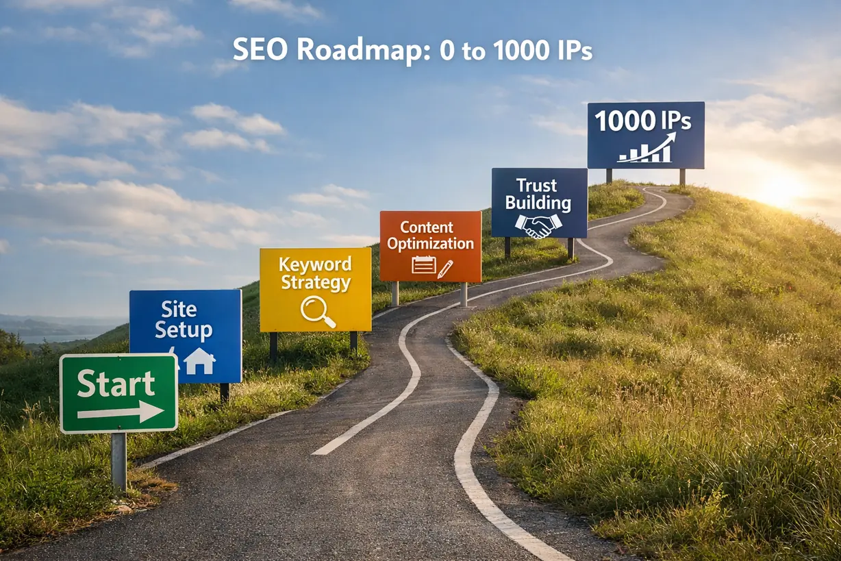 新站SEO从0到1000IP增长路径示意图