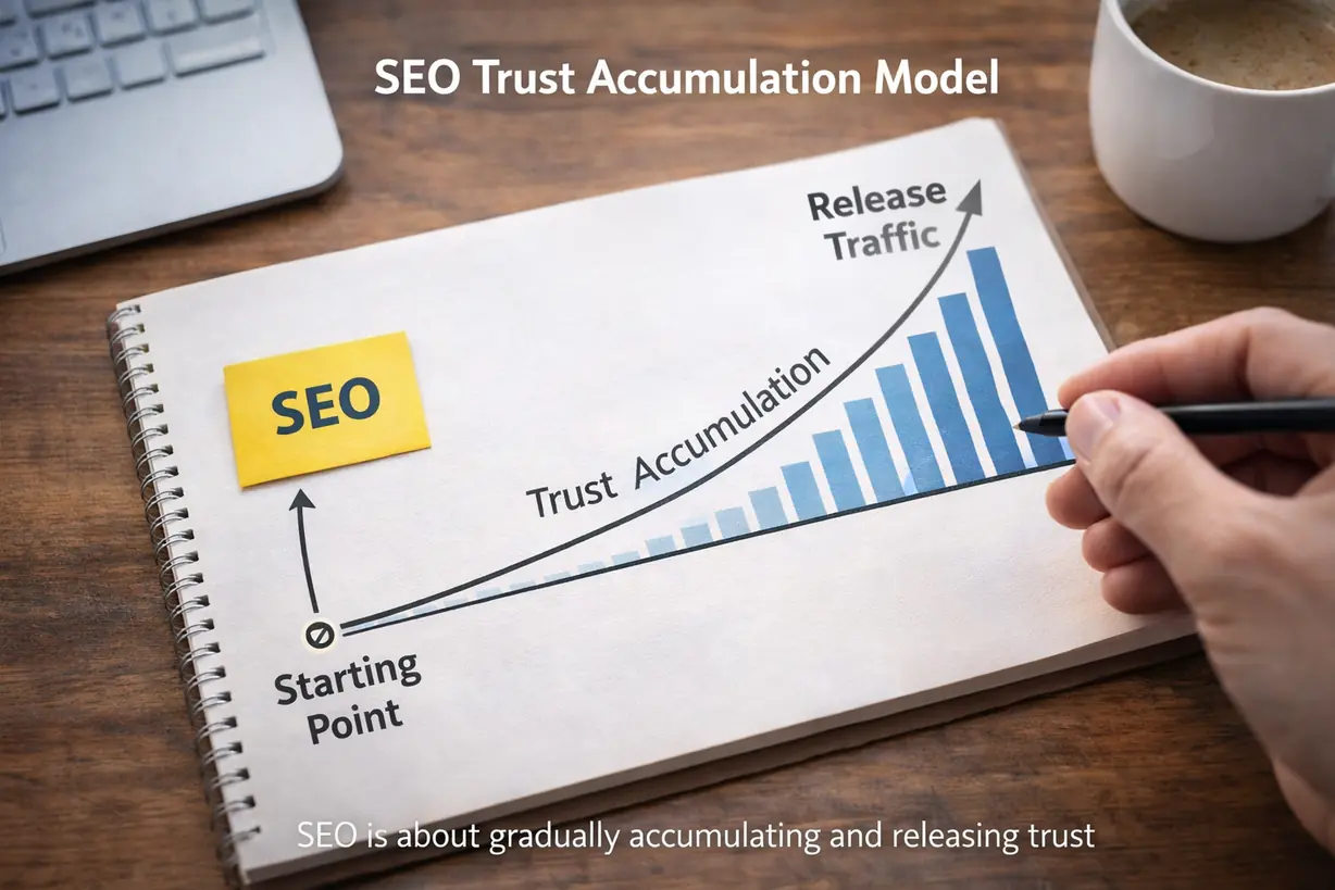SEO信任累积模型与流量释放关系图